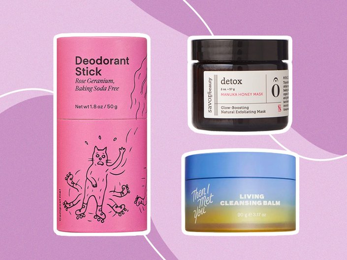 Picture of the Meow Meow Tweet Rose Geranium Baking Soda Free Deodorant Stick, Savor Beauty Manuka Honey Mask and the Then I Met You Living Cleansing Balm on a graphic purple background
