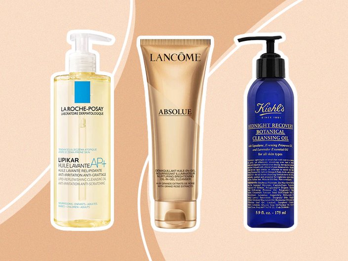 Picture of the La Roche-Posay Lipikar AP+ Gentle Foaming Cleansing Oil, Lancôme Absolue Oil-in-Gel Cleanser and Kiehl’s Midnight Recovery Botanical Cleansing Oil on a graphic neutral-colored background
