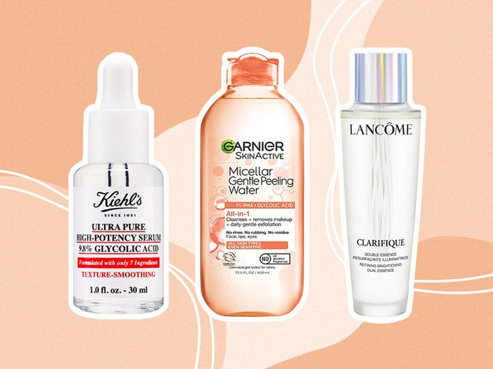 Picture of the Kiehl’s Ultra Pure High-Potency 9.8% Glycolic Acid Serum, Garnier Skinactive Micellar Gentle Peeling Water with 1% PHA + Glycolic Acid and Lancôme Clarifique Exfoliating Face Essence with Glycolic Acid on an orange graphic background