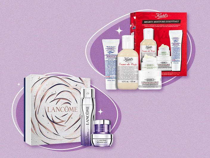 Lancôme Rénergie H.C.F. Triple Serum Holiday Gift Set and the Kiehl’s Mighty Moisture Gift Set collaged on a purple graphic background