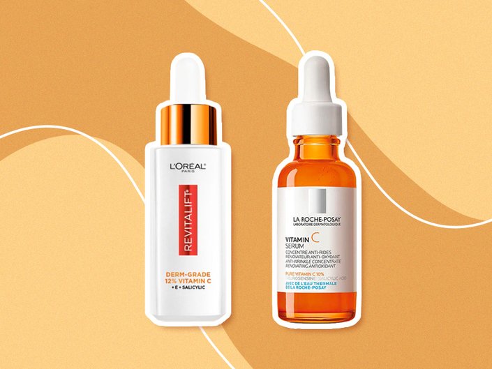Vitamin C serum bottles collaged onto a bright orange background.