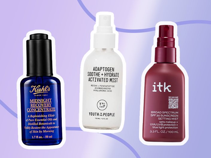 new skincare products collaged onto a purple background