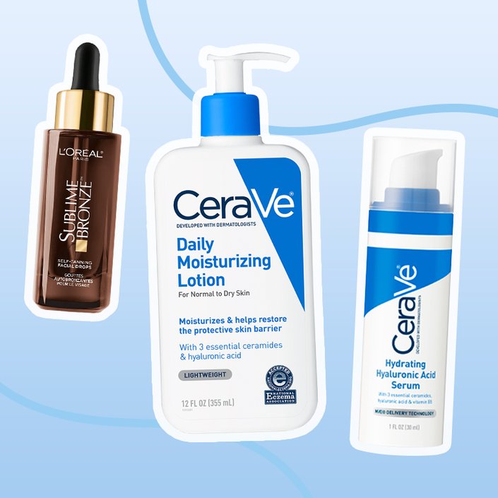 CeraVe Hydrating Hyaluronic Acid Serum and CeraVe’s Daily Moisturizing Lotion and L'Oréal Paris Sublime Bronze Self-Tanning Facial Drops